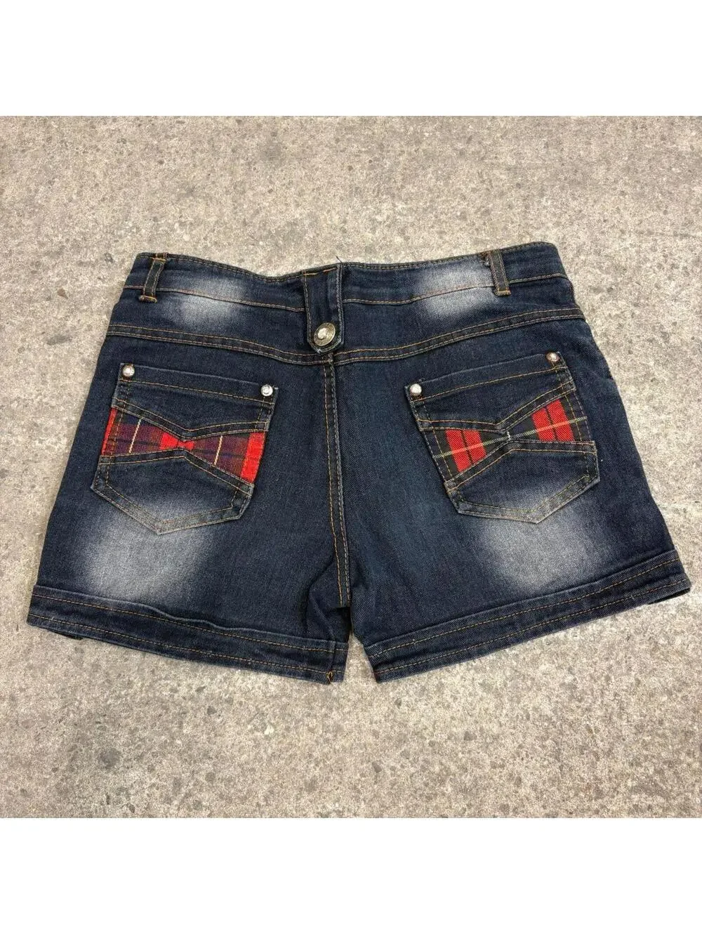 Vintage Y2K Low Rise Denim Shorts Dark Wash Button Front Plaid Pocket